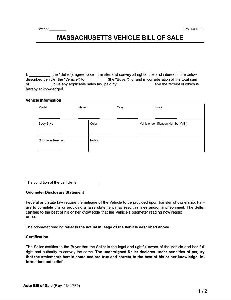 Massachusetts vehicle bill of sale form