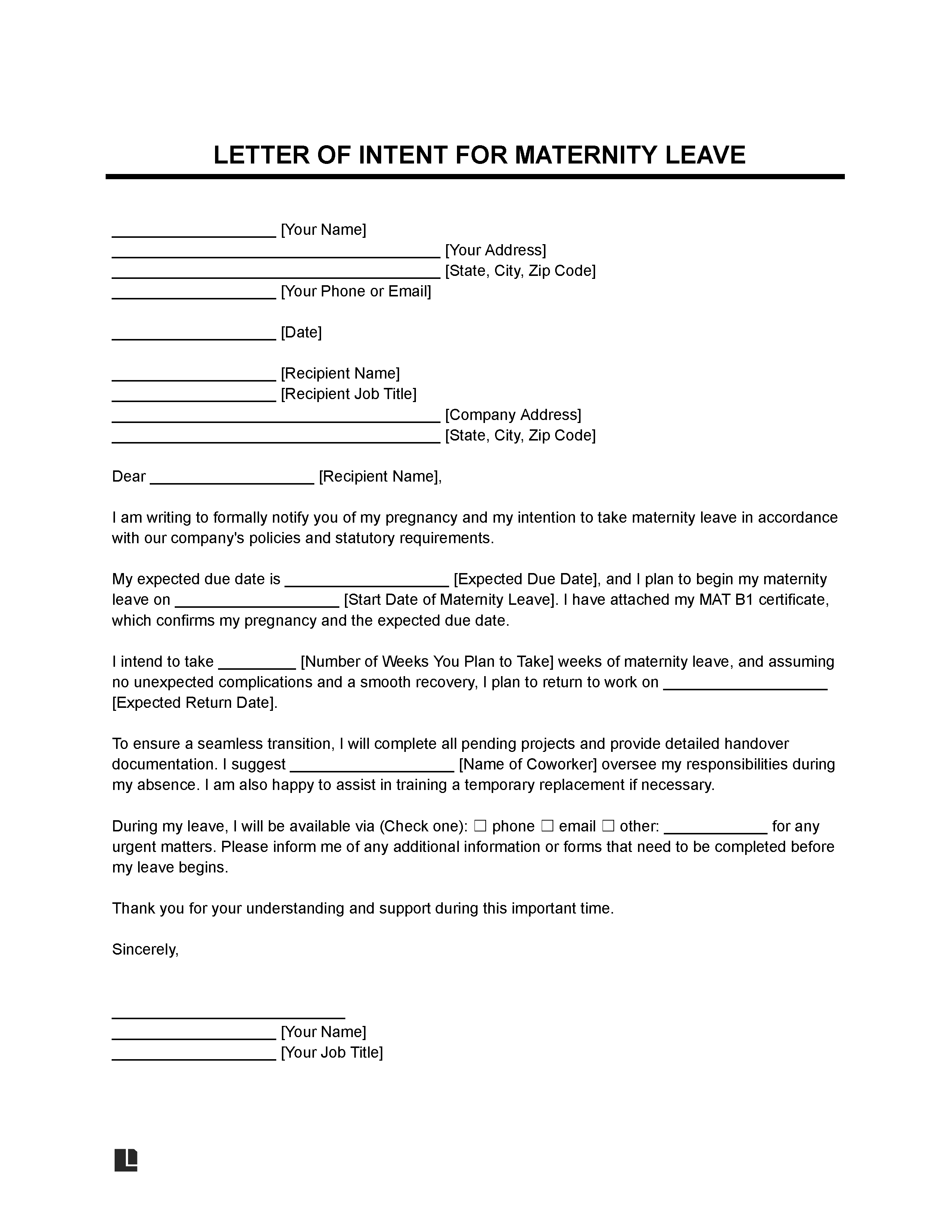 Maternity Letter of Intent Template