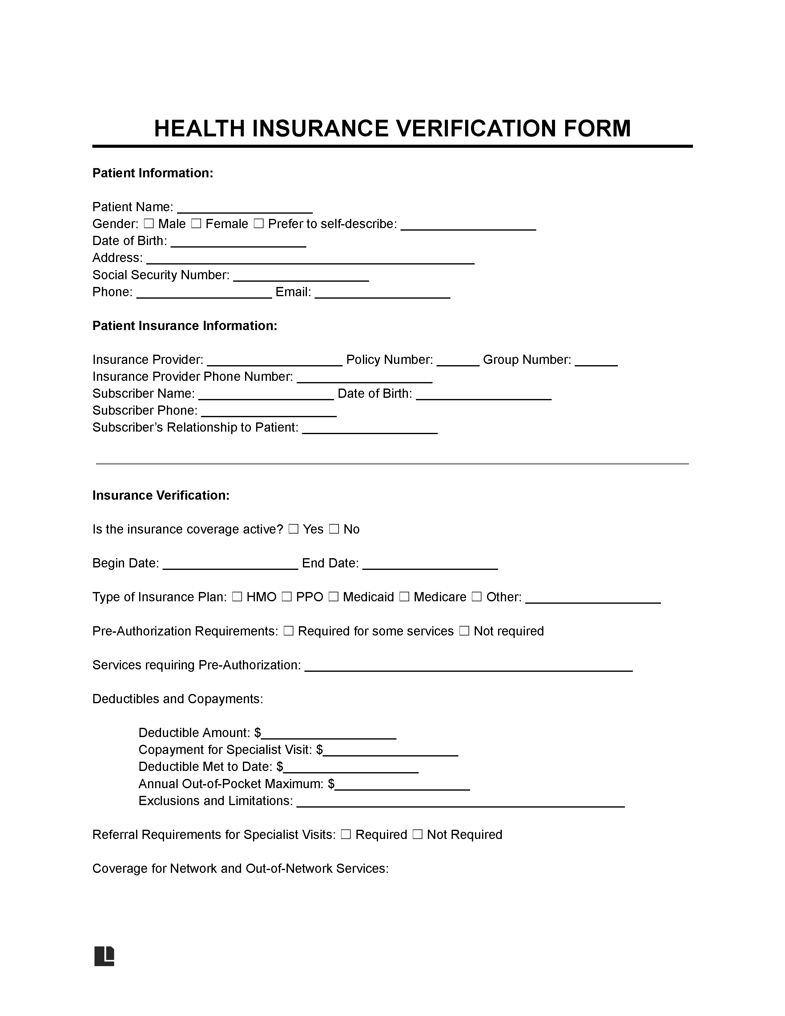 Medical Health Insurance Verification Form