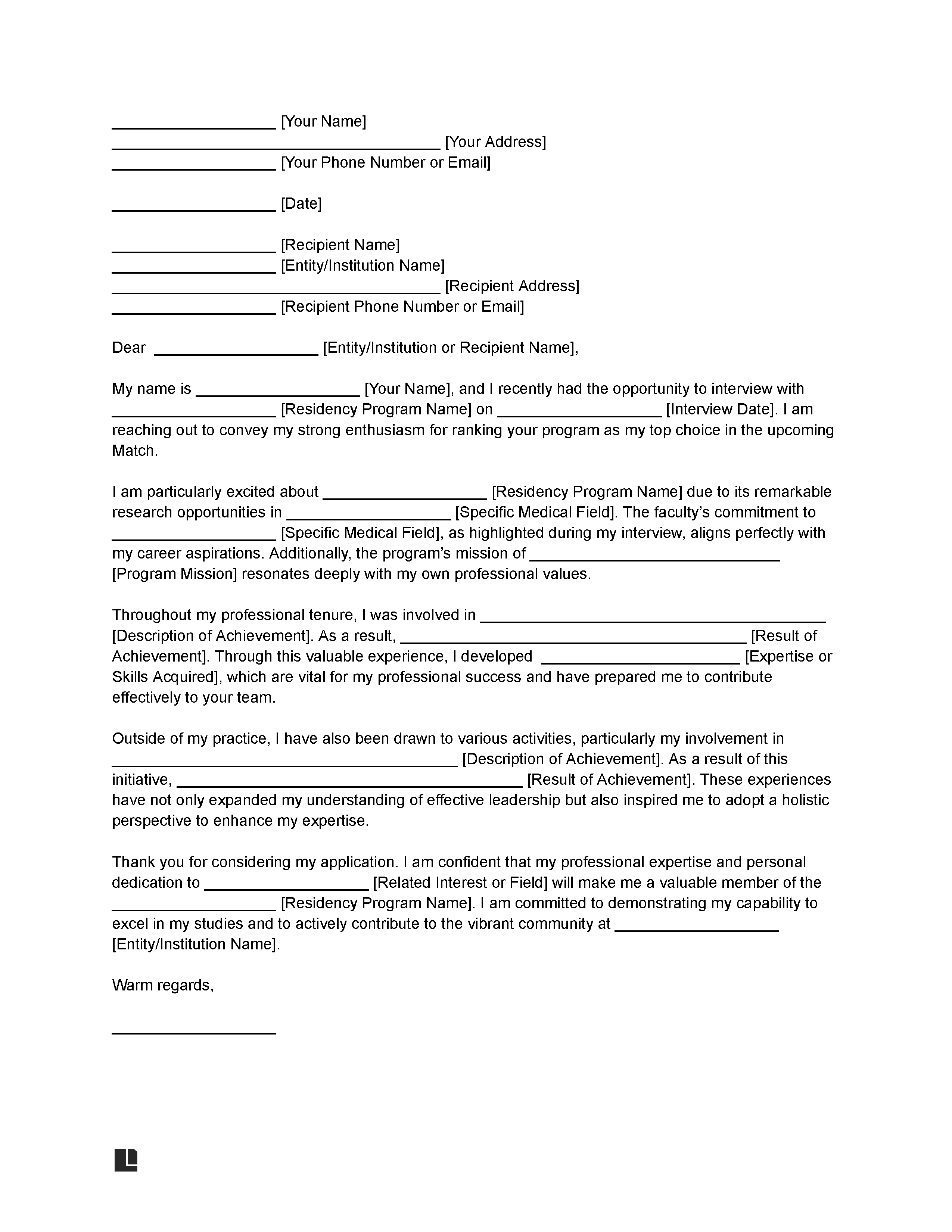 Medical Residency Letter of Intent Template