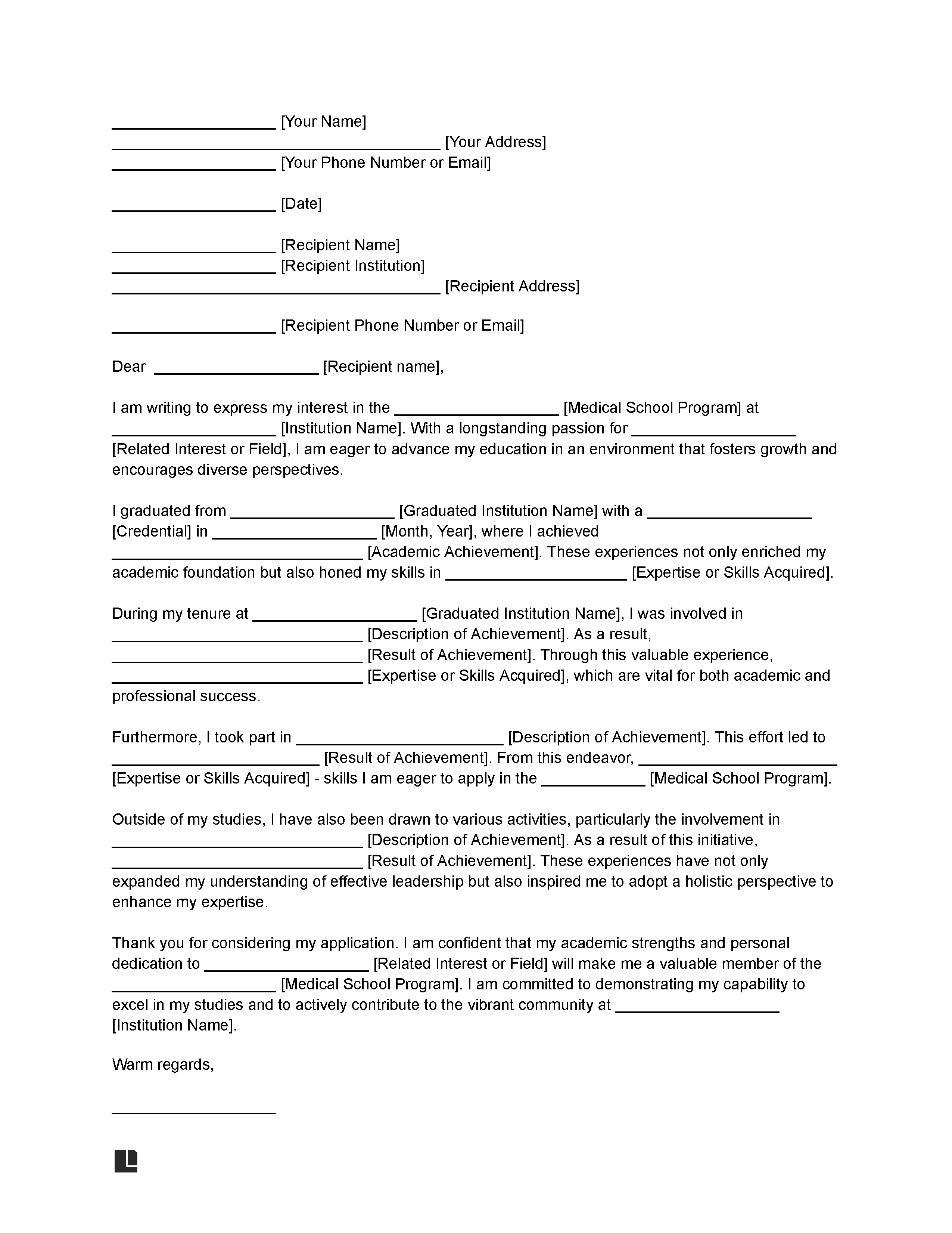 Medical School Letter of Intent Template