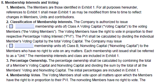 An example where to write memberships and voting in our LLC Operating Agreement