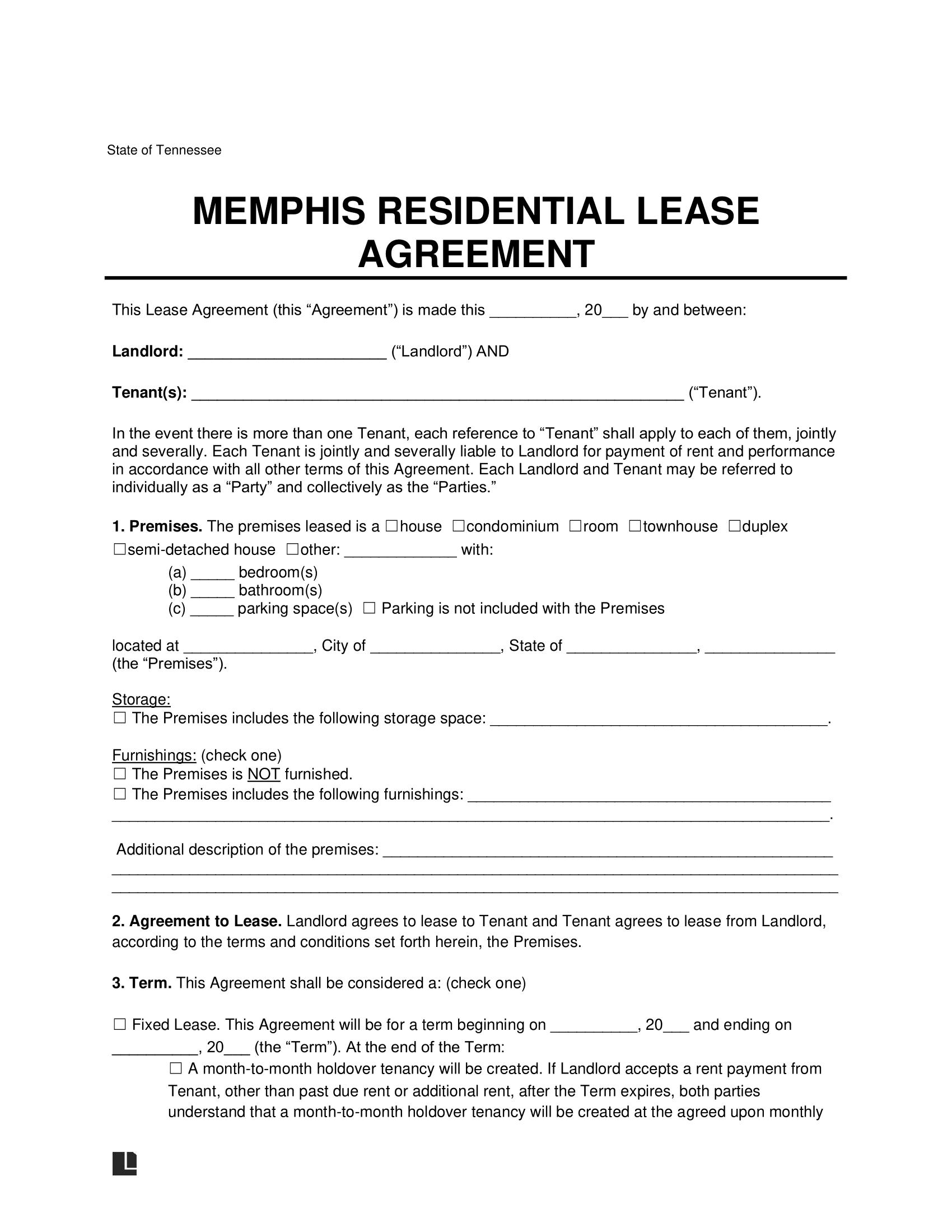 Memphis Residential Lease Agreement Template