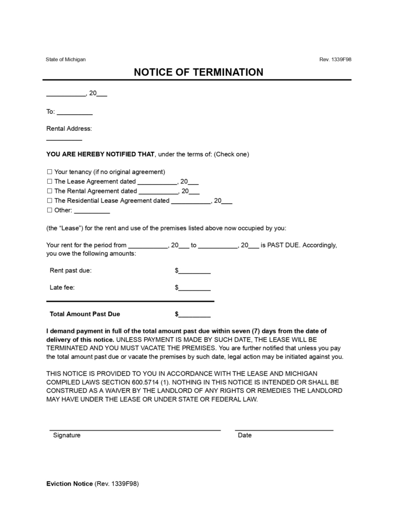 Free Michigan Eviction Notice Forms Pdf And Word Downloads 7087