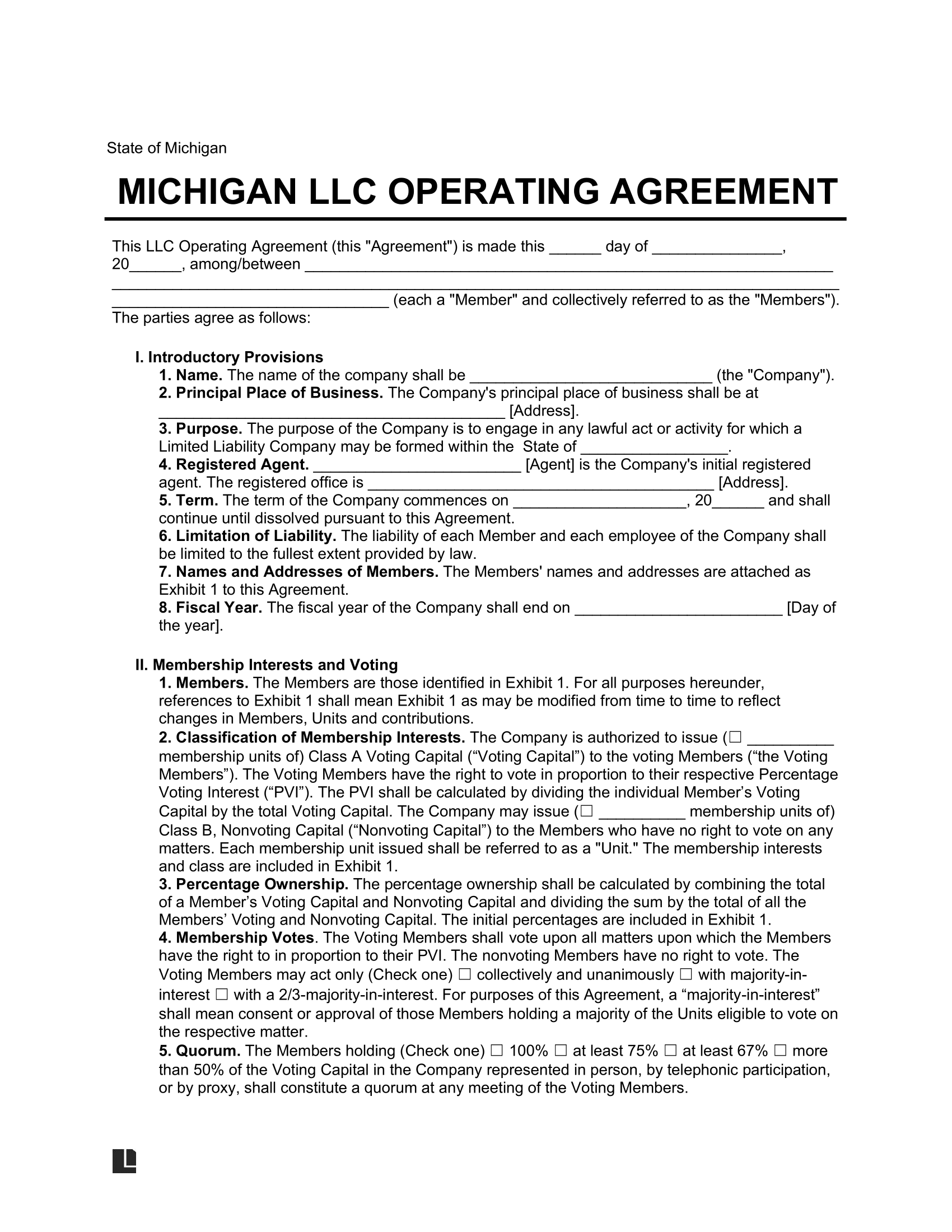 Michigan LLC Operating Agreement Template