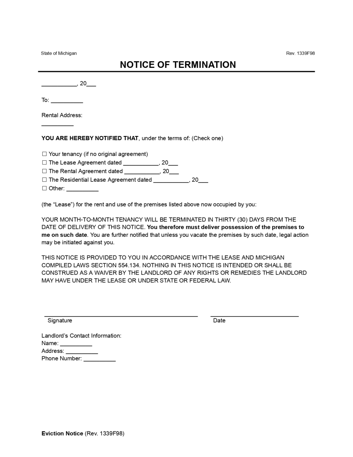 Free Michigan 30-Day Notice to Vacate | Lease Termination | | PDF & Word