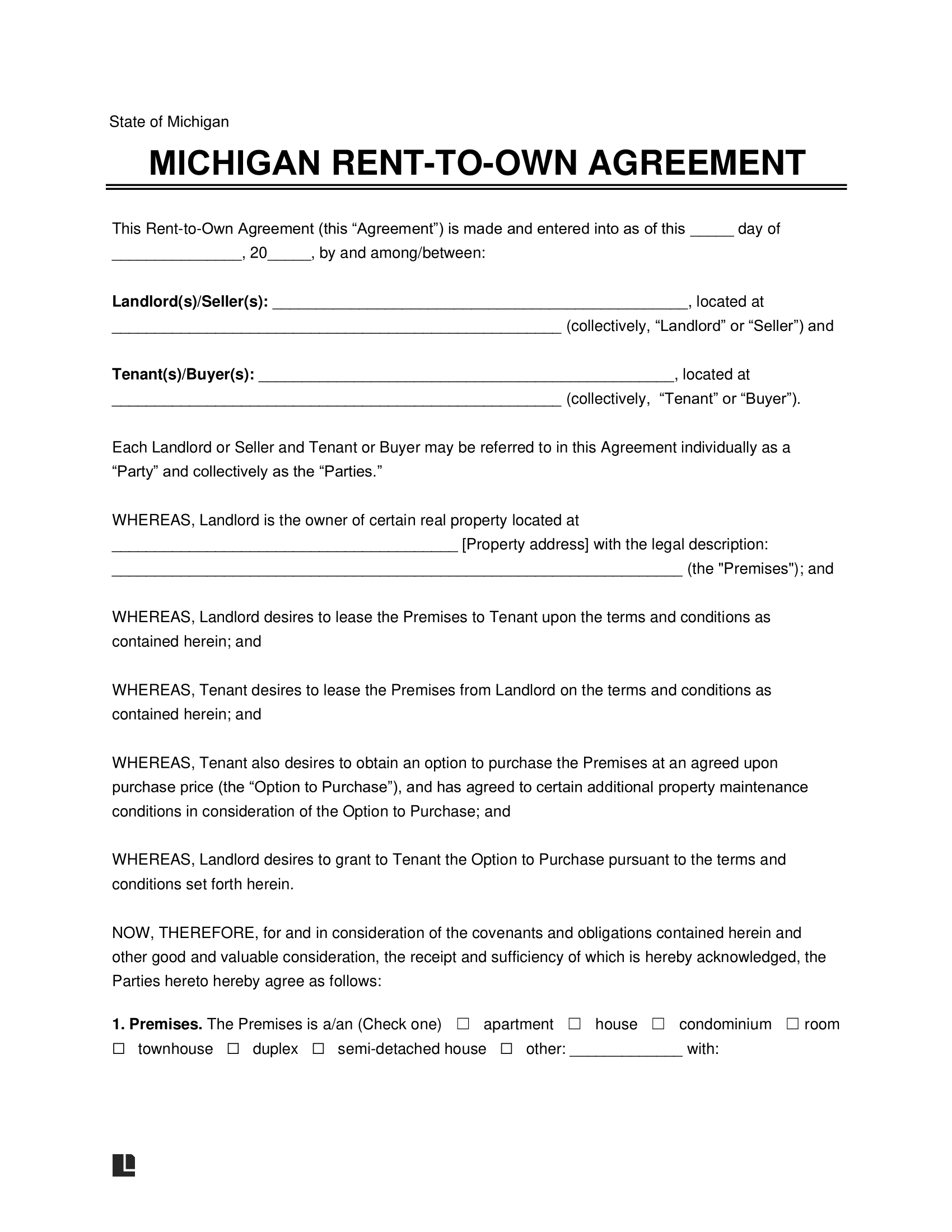 Michigan Lease-to-Own Option-to-Purchase Agreement