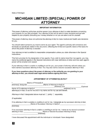 Michigan Limited Power of Attorney Template