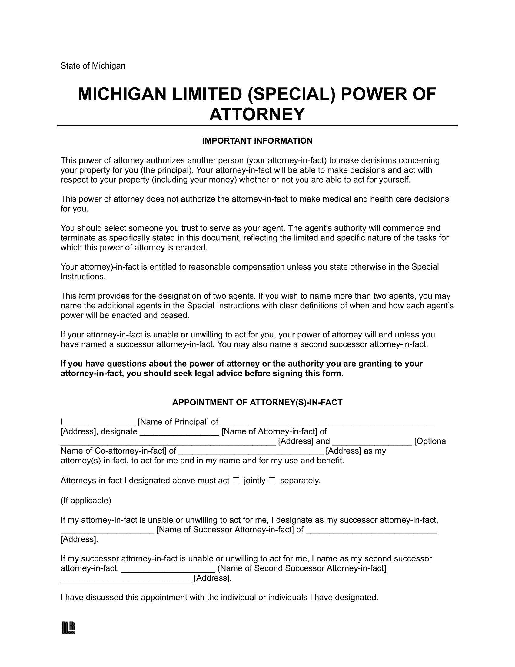 Michigan Limited Power of Attorney Template