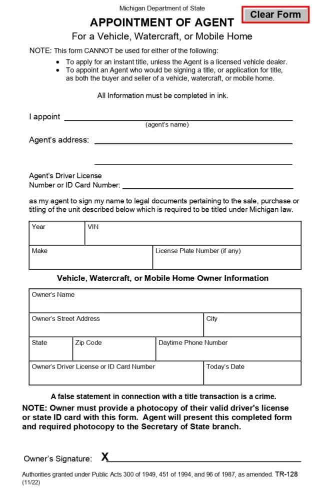 Michigan Motor Vehicle Power of Attorney Form TR-128