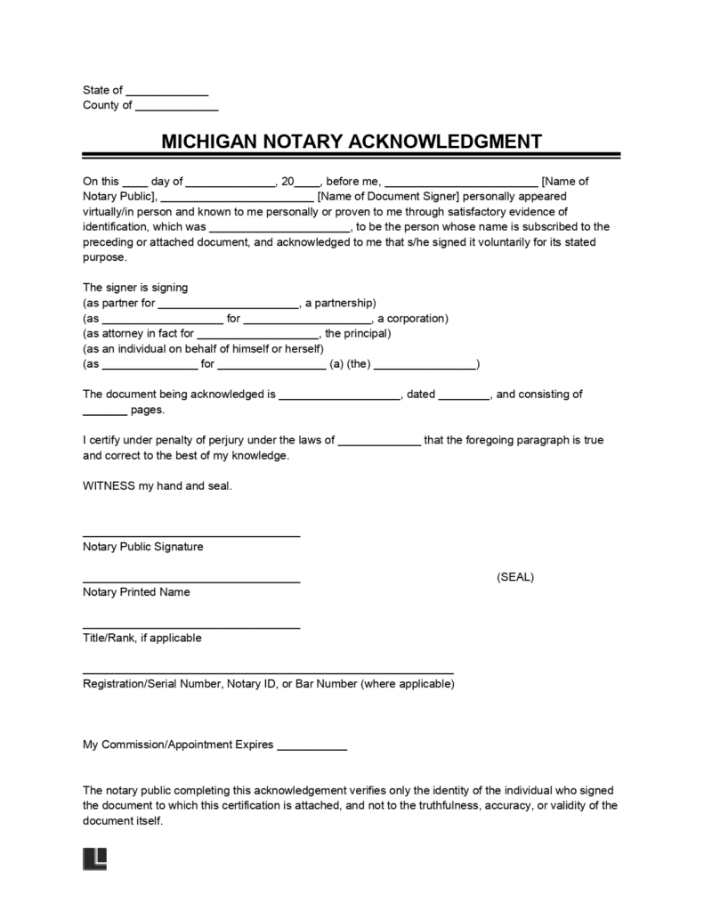 Free Michigan Notary Acknowledgment Form | PDF & Word