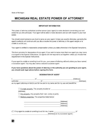 Michigan Real Estate Power of Attorney Form