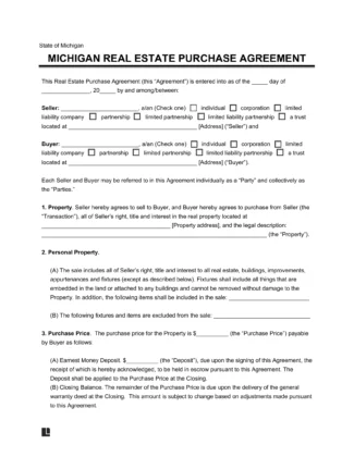 Michigan Real Estate Purchase Agreement Form