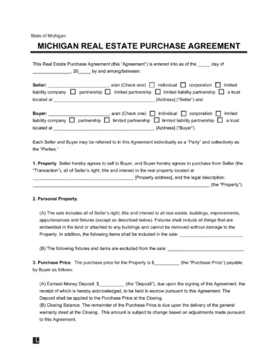 Michigan Real Estate Purchase Agreement Form