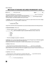Michigan Standard Secured Promissory Note Template