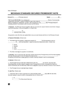 Michigan Standard Secured Promissory Note Template