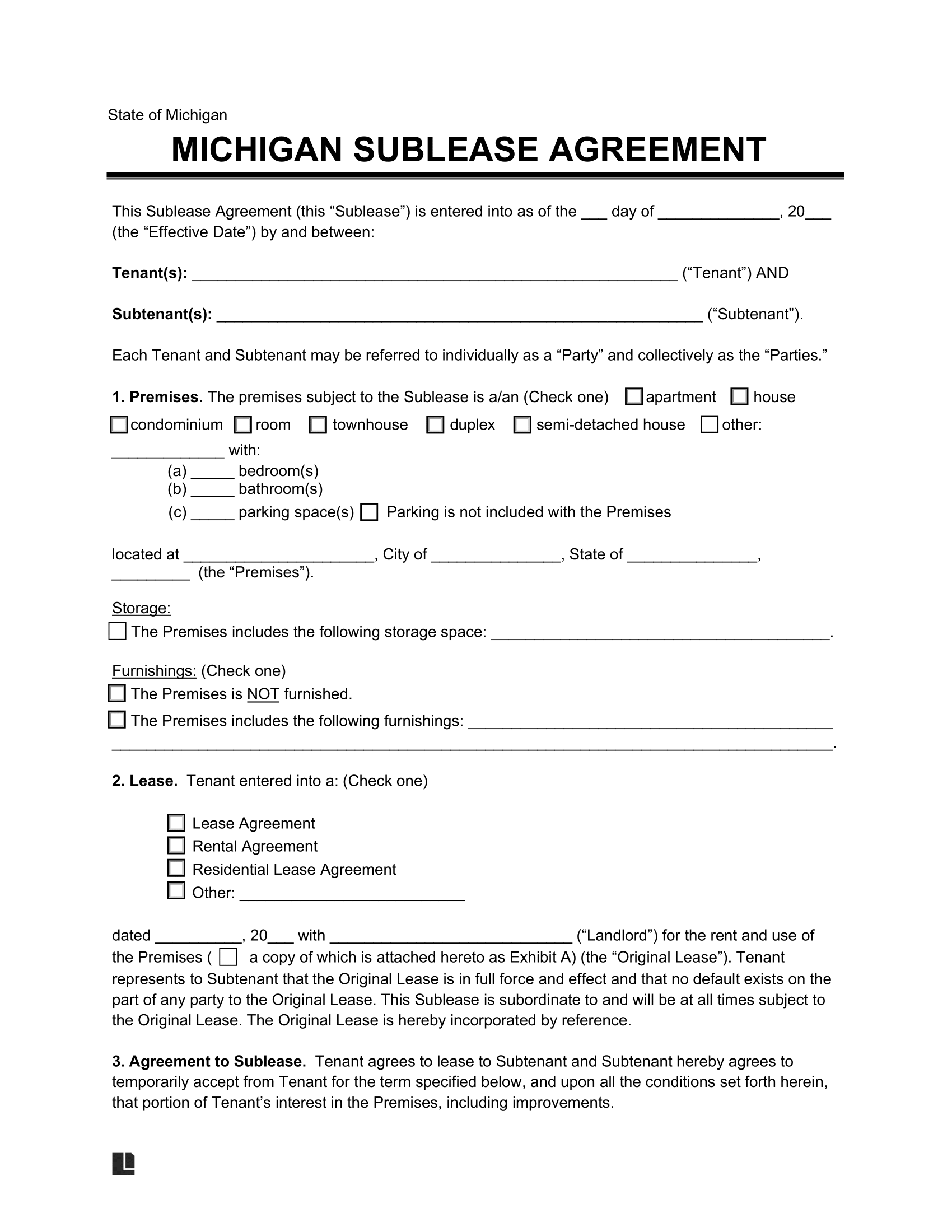 Michigan Sublease Agreement Template