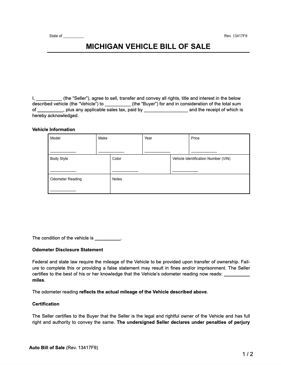 Michigan vehicle bill of sale form