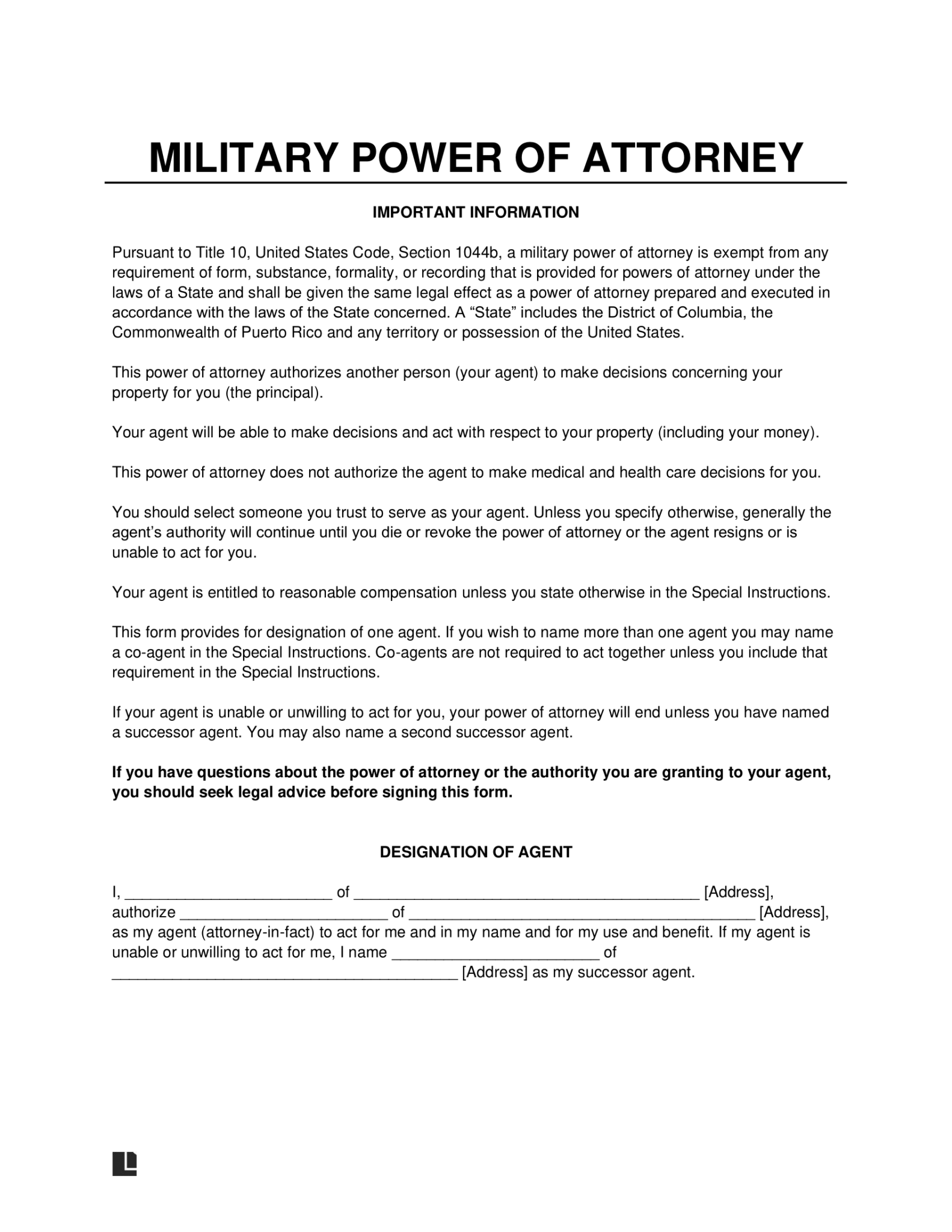 Free Military Power of Attorney Form PDF Word