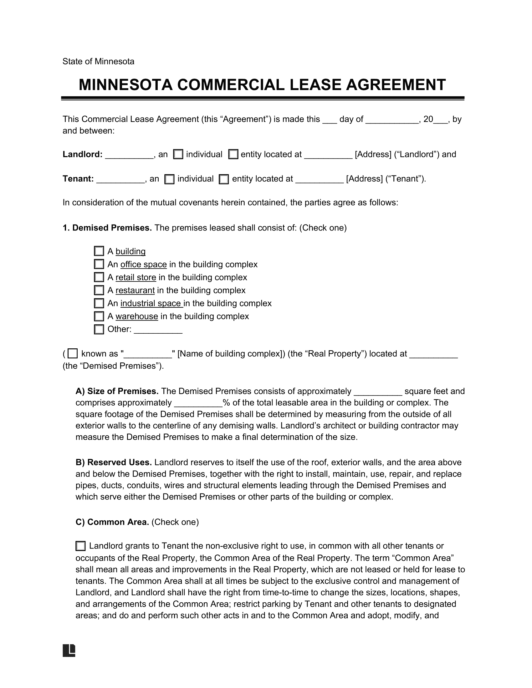 Minnesota Commercial Lease Agreement