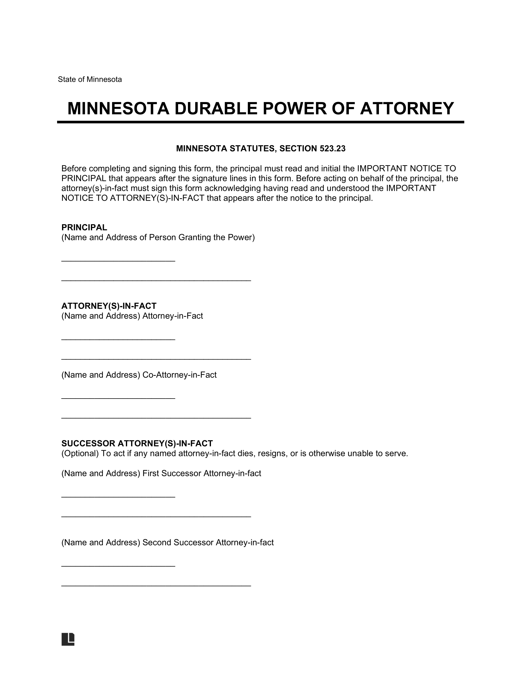 Minnesota Durable Statutory Power of Attorney Form