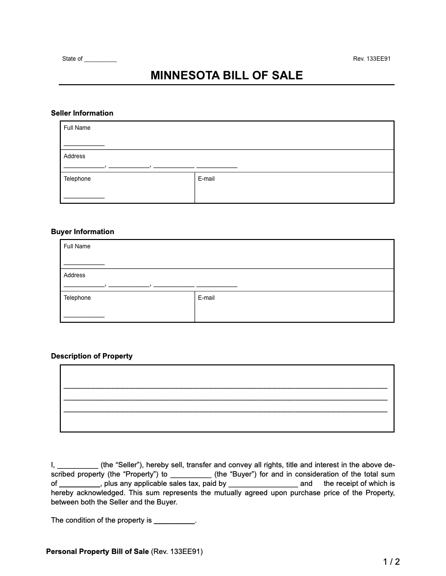 Free Minnesota Bill Of Sale Forms Printable PDF Word