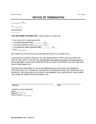 Minnesota Lease Termination Letter (30-Day Notice)
