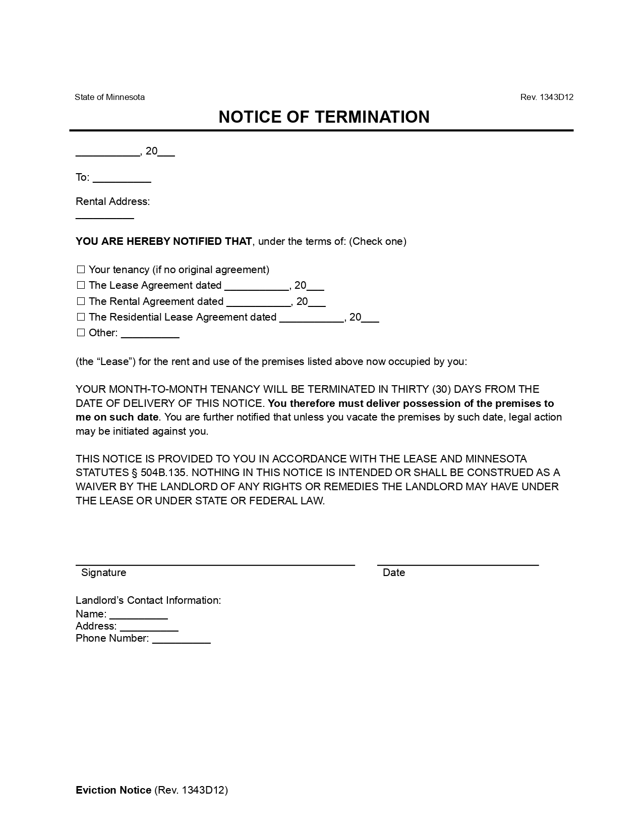 Minnesota Lease Termination Letter (30-Day Notice)