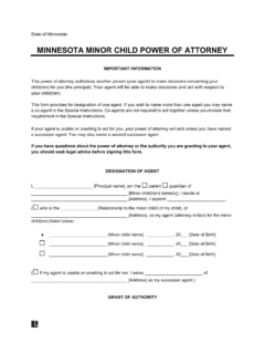 Minnesota Minor Child Power of Attorney Form