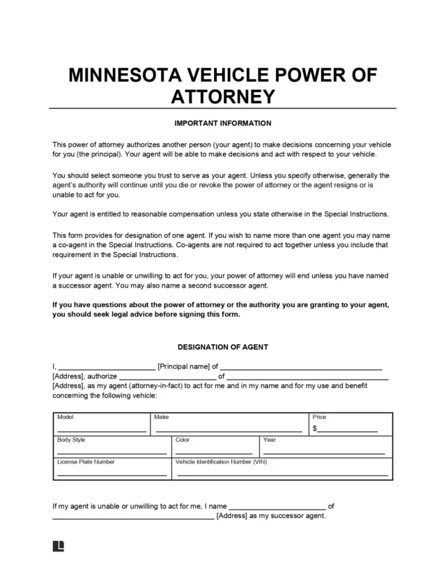 Minnesota Motor Vehicle Power of Attorney Form