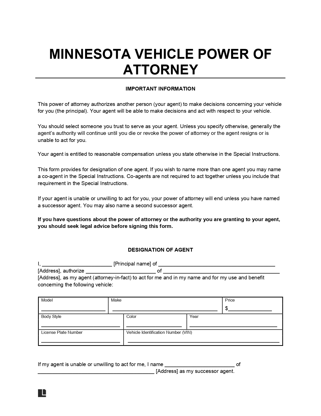Minnesota Motor Vehicle Power of Attorney Form