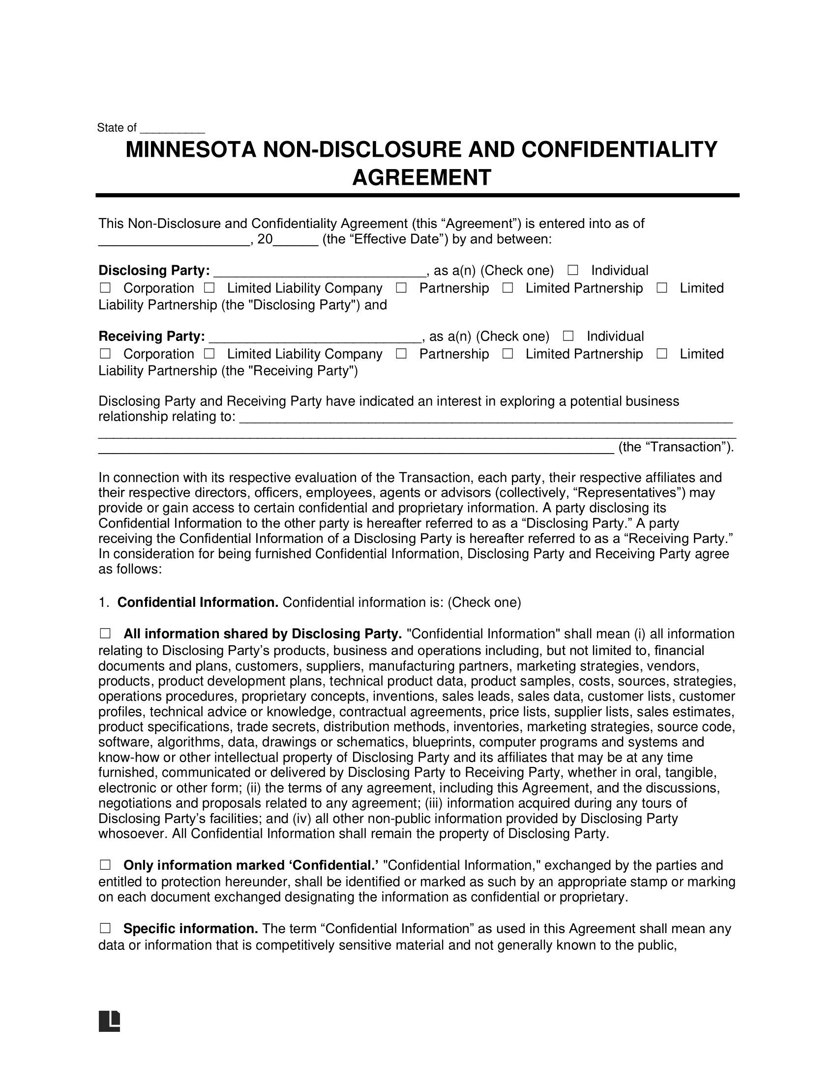 Minnesota Non-Disclosure and Confidentiality Agreement Template