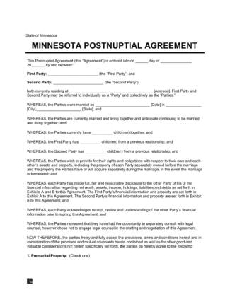 Minnesota Postnuptial Agreement Template