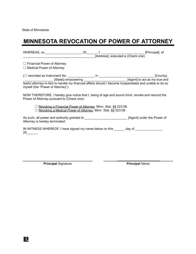 Minnesota Revocation Power of Attorney Form