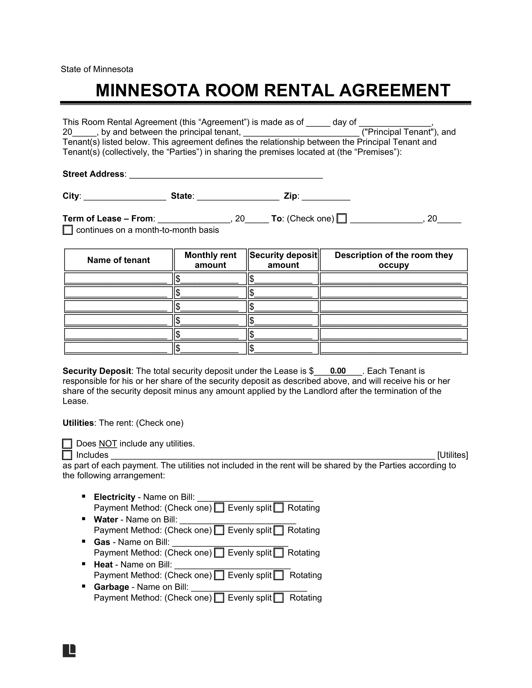 Minnesota Room Rental Agreement