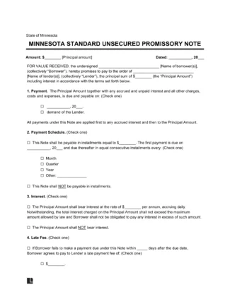 Minnesota Standard Unsecured Promissory Note Template