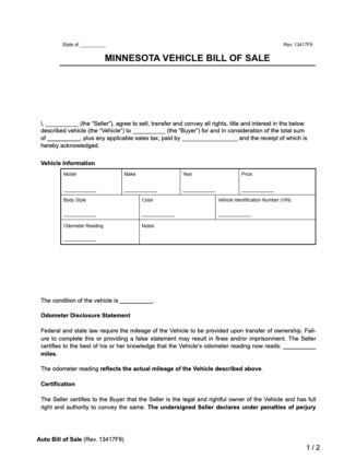 Minnesota vehicle bill of sale form