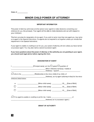 Minor Child Power of Attorney Template
