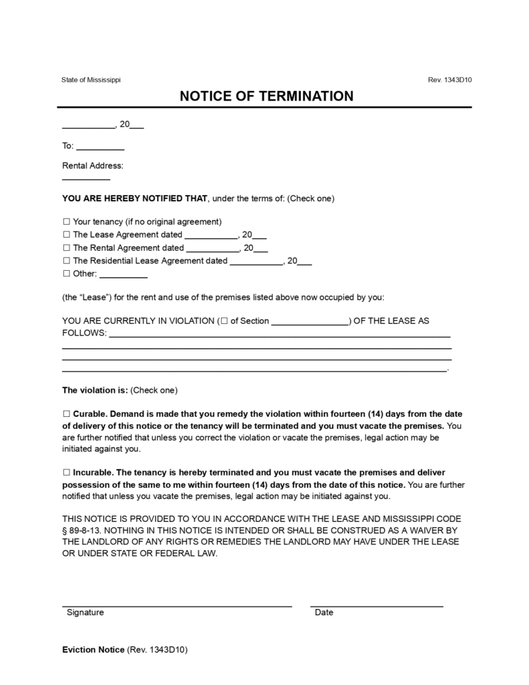 Free Mississippi Eviction Notice Forms | PDF & Word Downloads