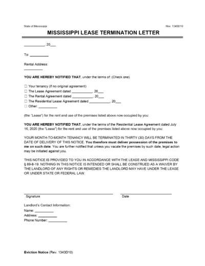 Mississippi Lease Termination Letter (30-Day Notice)
