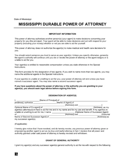 Mississippi Durable Power of Attorney Form
