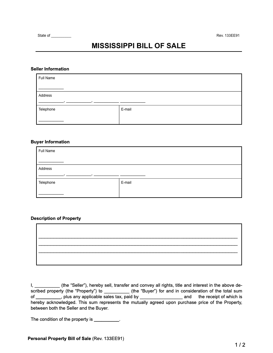 Mississippi bill of sale form