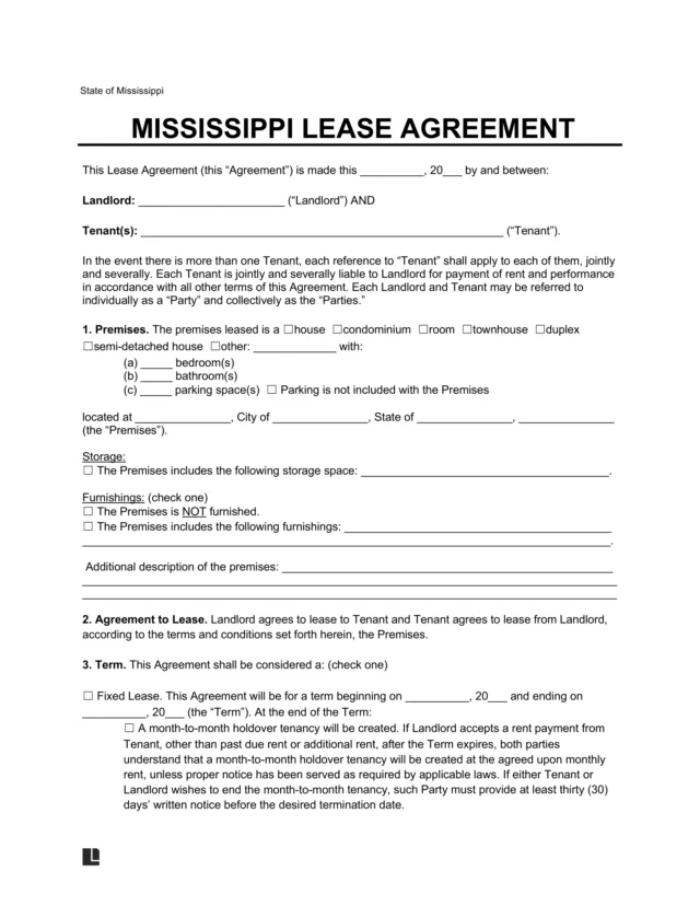 Mississippi Lease Agreement Template