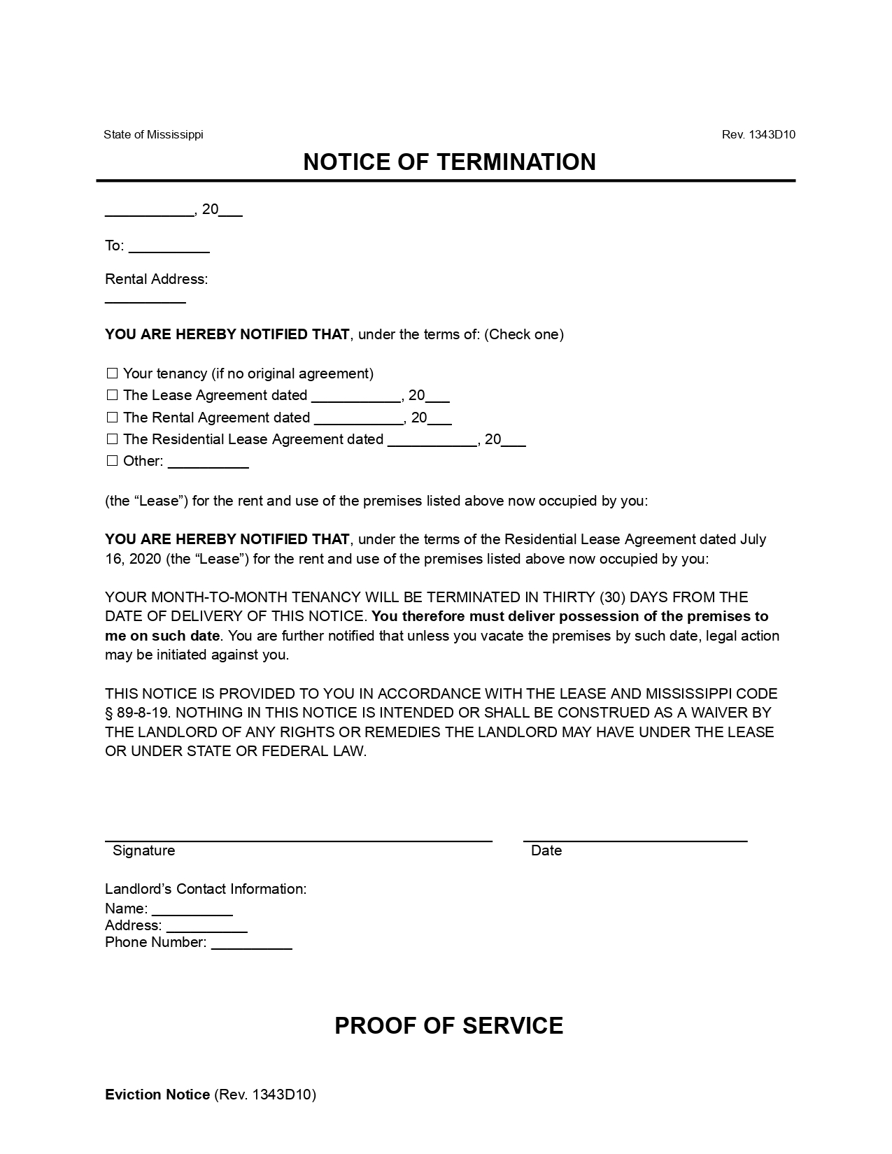 Mississippi Lease Termination Letter (30-Day Notice)