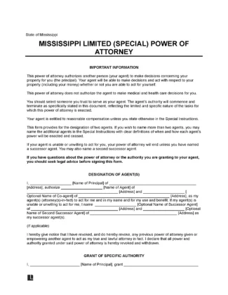 Mississippi Limited Power of Attorney Form