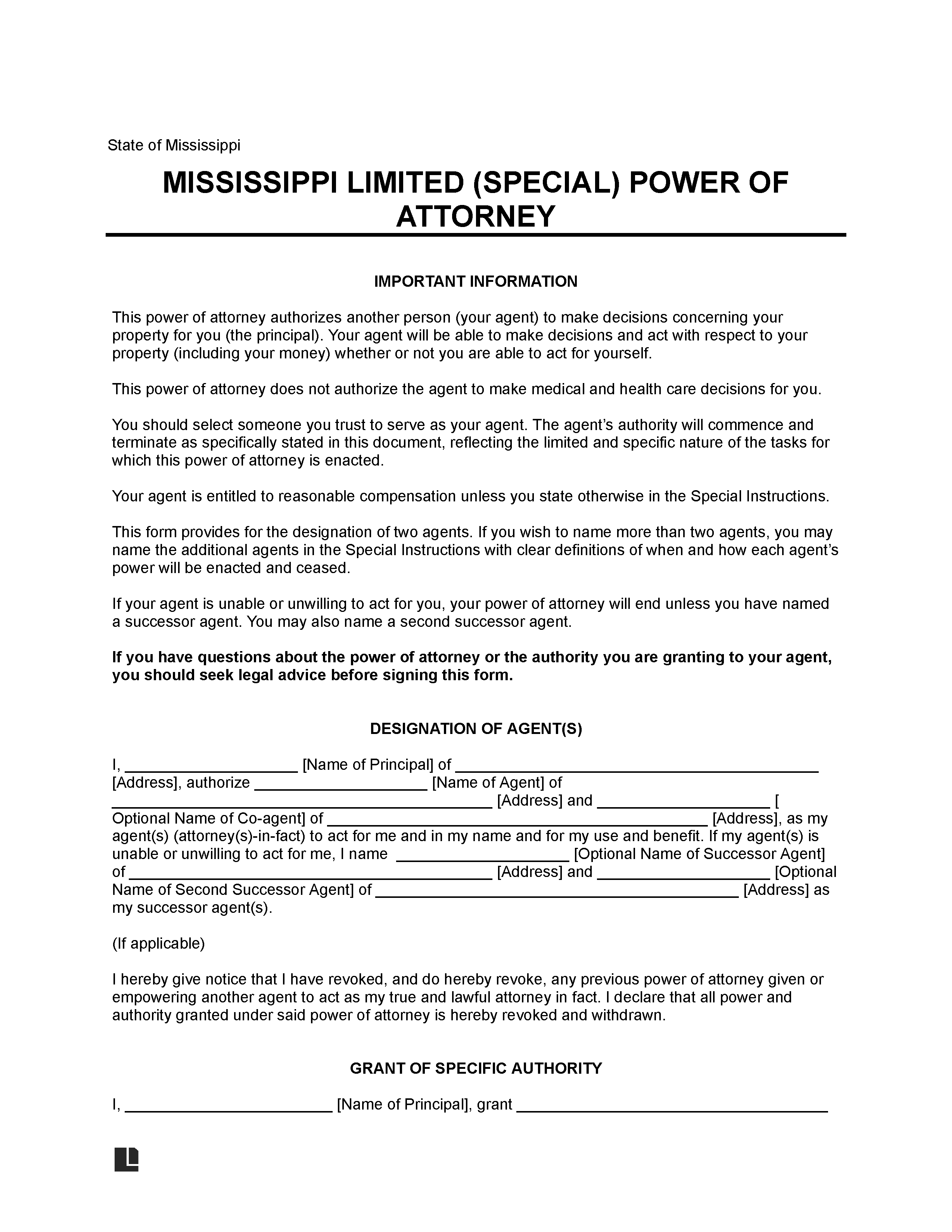 Mississippi Limited Power of Attorney Form