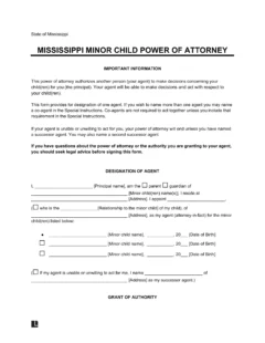 Mississippi Minor Child Power of Attorney Form