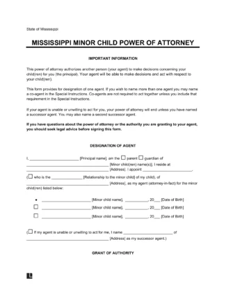 Mississippi Minor Child Power of Attorney Form