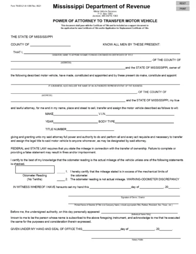 Mississippi Motor Vehicle Power of Attorney Form 78-003-21-8-1-000