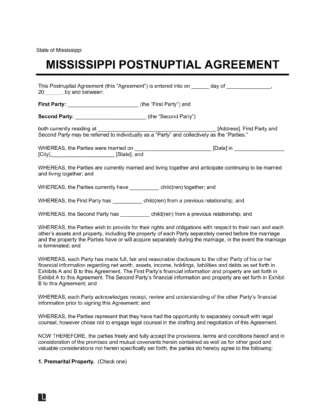 Mississippi Postnuptial Agreement Template